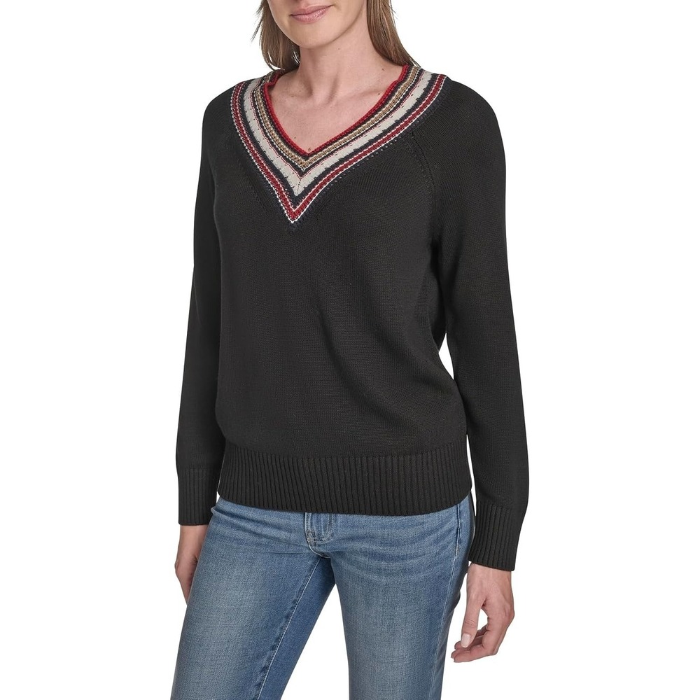 Tommy Hilfiger Women's Black Cable-Knit Layered V-Neck Long Sleeve Sweater Sz L